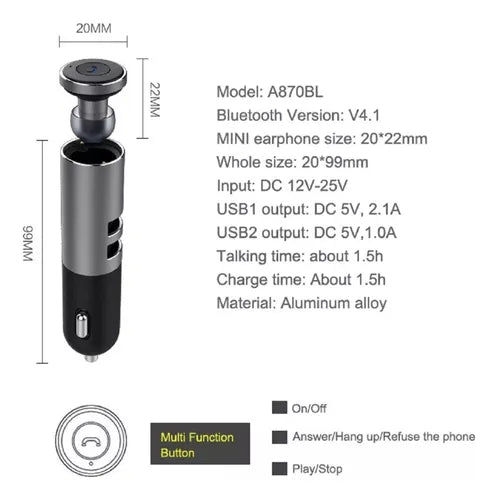 Cargador Auto Usb Manos Libres Carga Rapida Bluetooth Awei