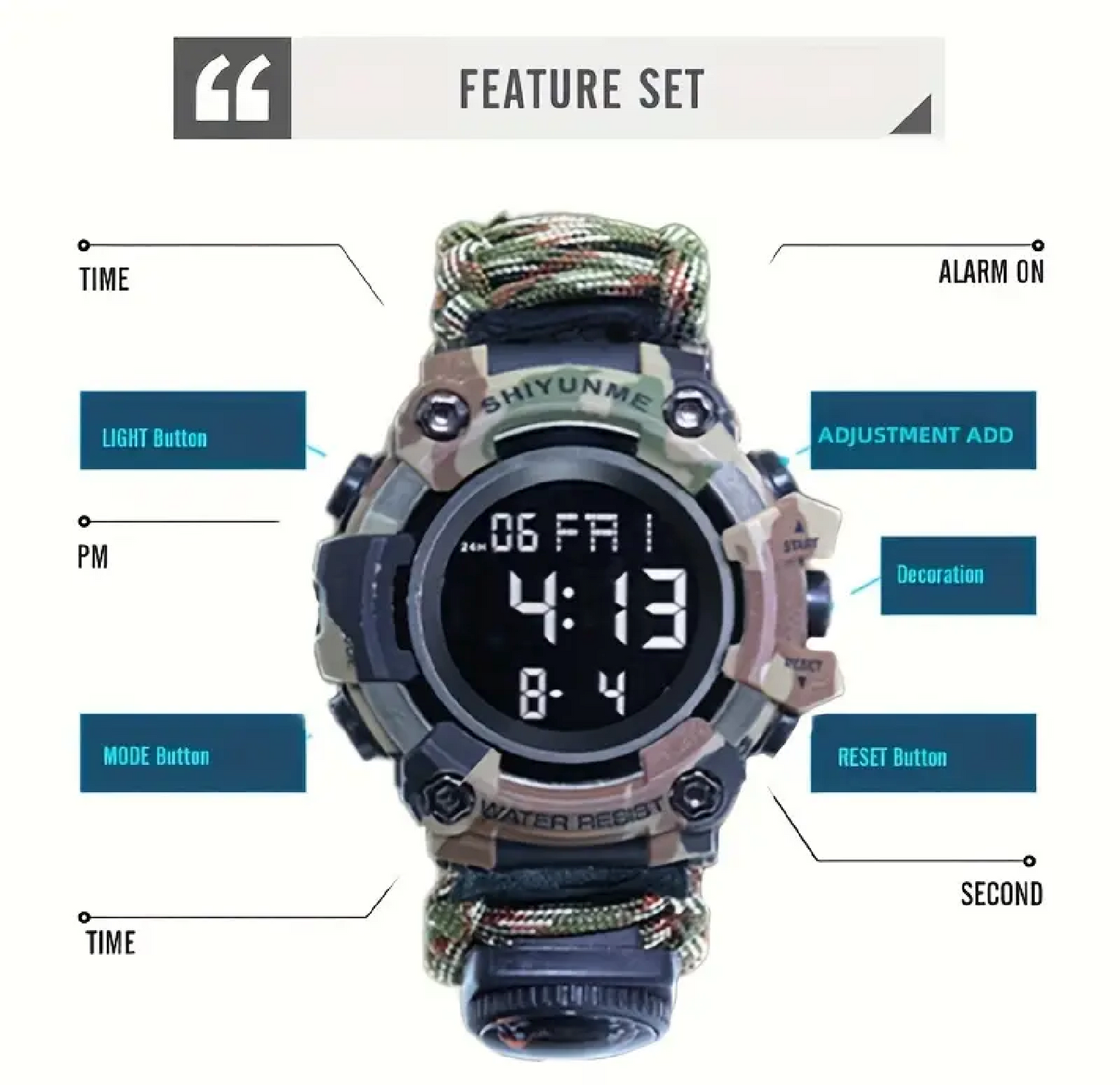 Reloj Digital Reloj Tactico Paracord Brujula Pulsera 7 En 1