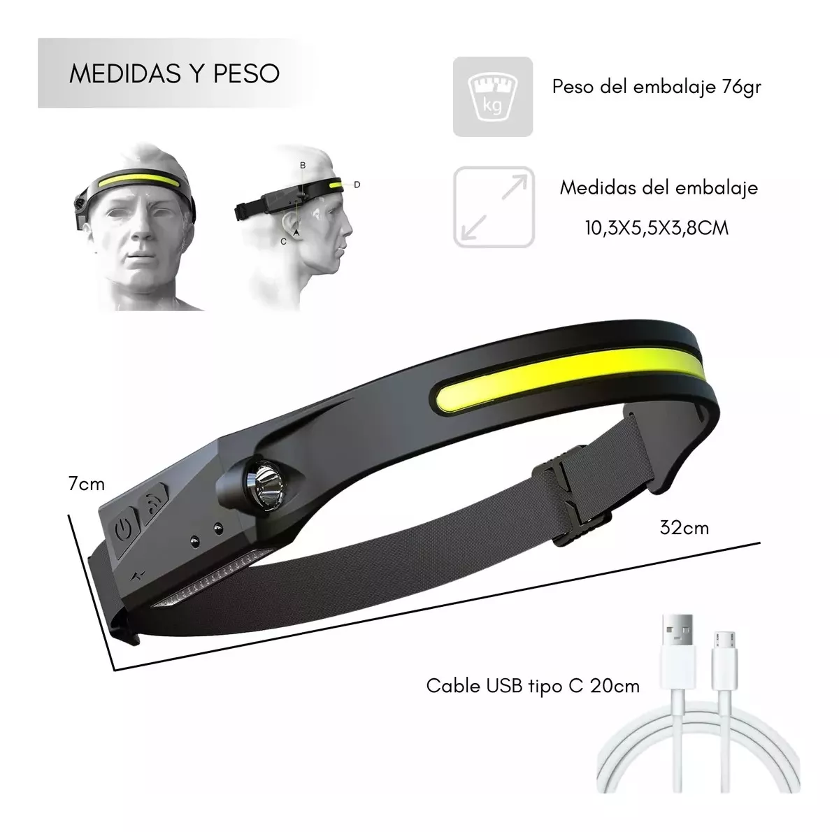 Linterna Frontal Led Recargable Con Sensor Cinta Ajustable