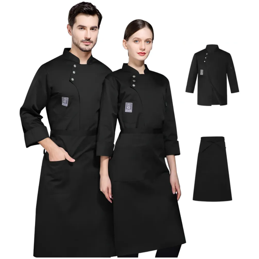 Set Chaqueta Chef Unisex Manga Larga Mandil Uniforme Cocina Negro