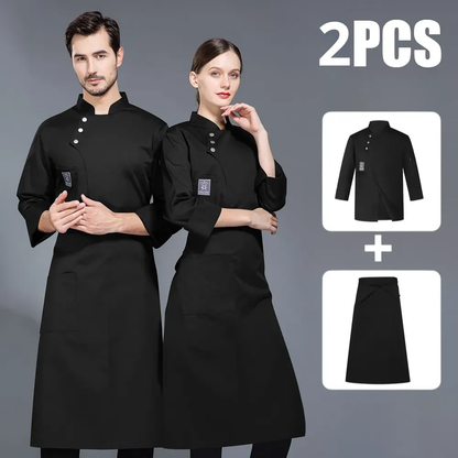 Set Chaqueta Chef Unisex Manga Larga Mandil Uniforme Cocina Negro