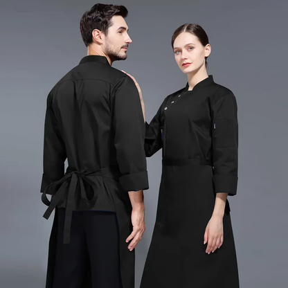 Set Chaqueta Chef Unisex Manga Larga Mandil Uniforme Cocina Negro