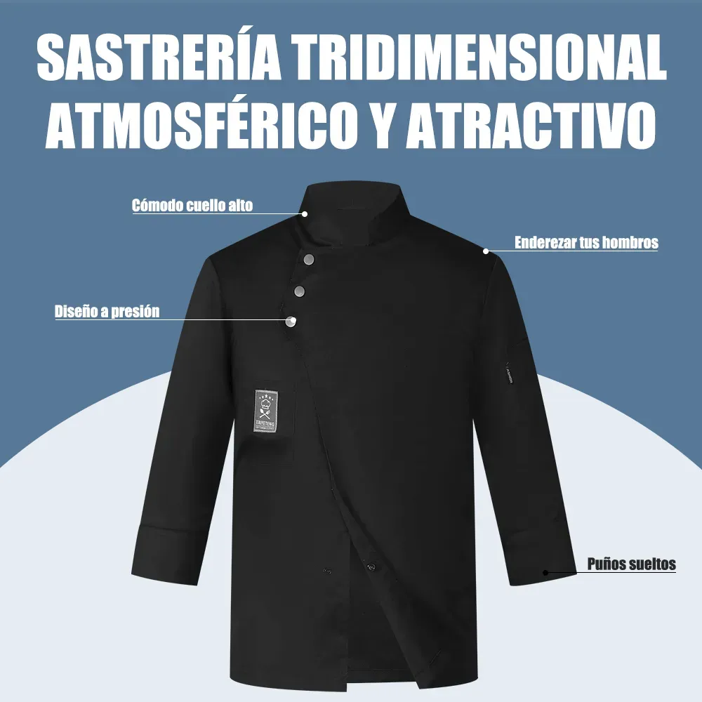 Set Chaqueta Chef Unisex Manga Larga Mandil Uniforme Cocina Negro