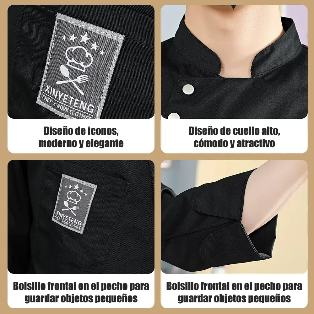 Set Chaqueta Chef Unisex Manga Larga Mandil Uniforme Cocina Negro