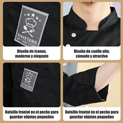 Set Chaqueta Chef Unisex Manga Larga Mandil Uniforme Cocina Negro