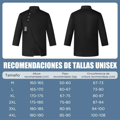 Set Chaqueta Chef Unisex Manga Larga Mandil Uniforme Cocina Negro