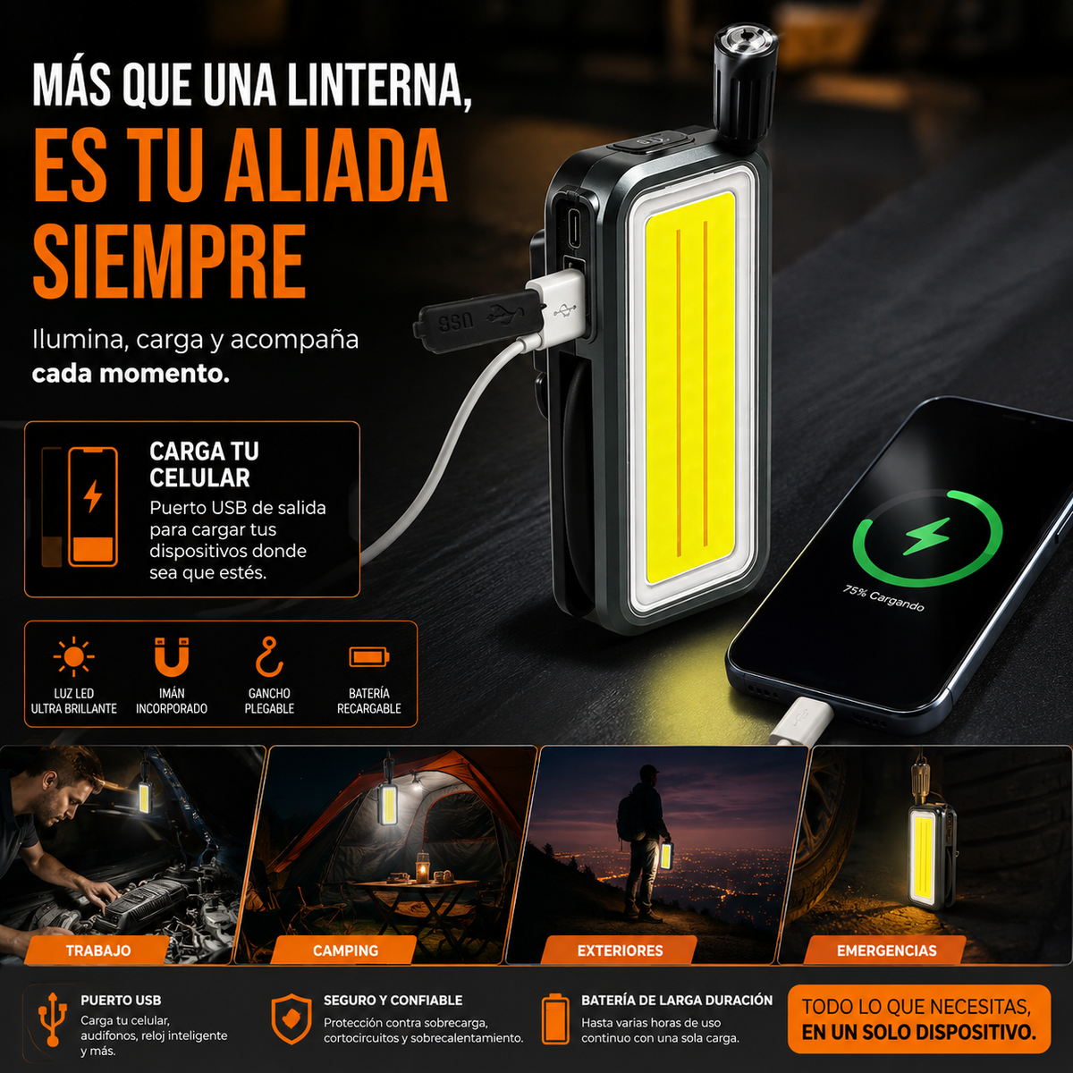 Linterna Cob Linterna Trabajo Recargable Linterna Usb Iman