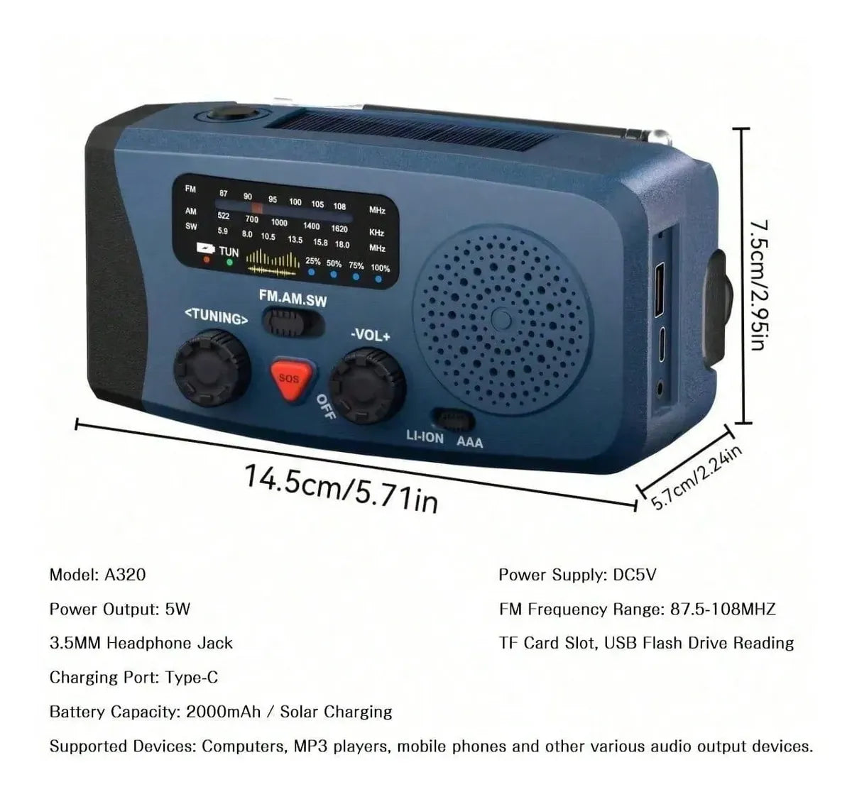 Radio Solar Radio Emergencia Linterna Radio Dinamo Usb Fm Am