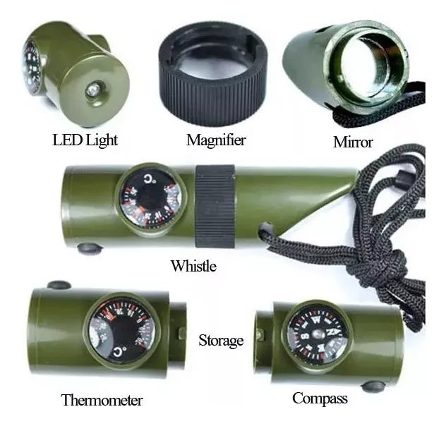 7en1 Brujula Silbato Lupa Militar Multifuncion Emergenci