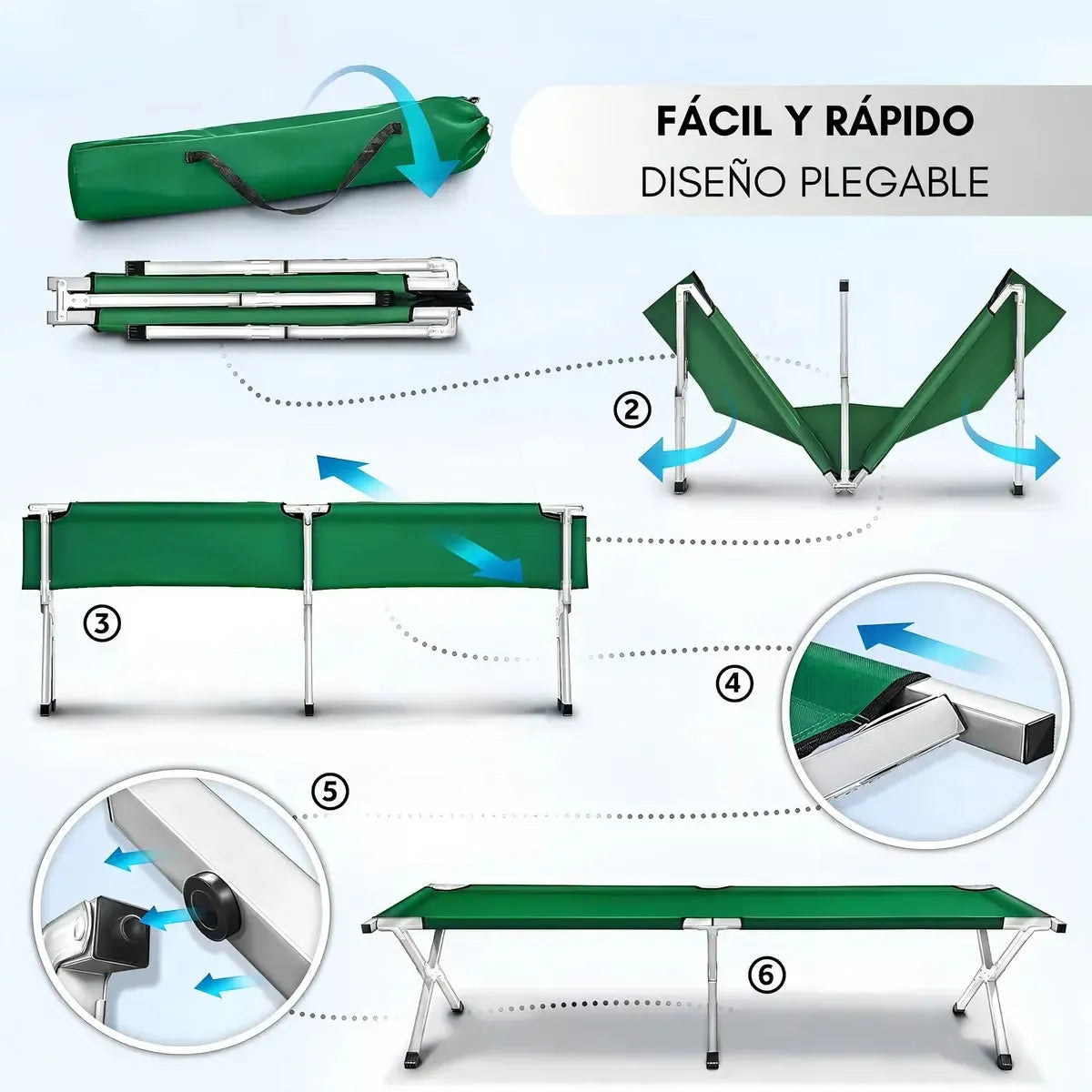 Catre Plegable Cama Campaña Camping Bolsa Transporte 190x62x42cm