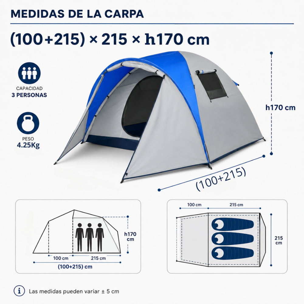 Carpa Camping Carpa Impermeable 3000mm 210tpu 100+215x215cm 3Personas