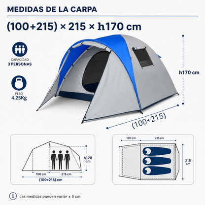 Carpa Camping Carpa Impermeable 3000mm 210tpu 100+215x215cm 3Personas